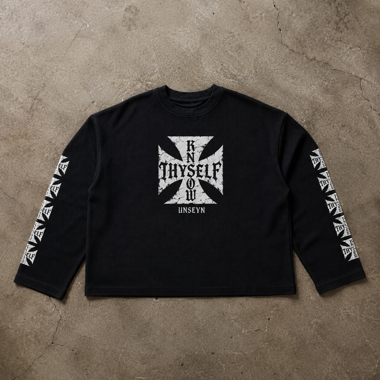 KNOW THYSELF Distressed Graphic Waffle Long Sleeve T-Shirt