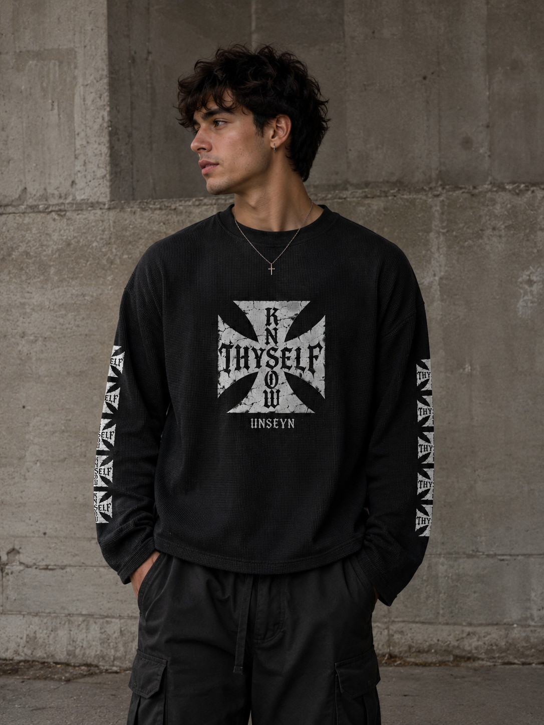 KNOW THYSELF Distressed Graphic Waffle Long Sleeve T-Shirt