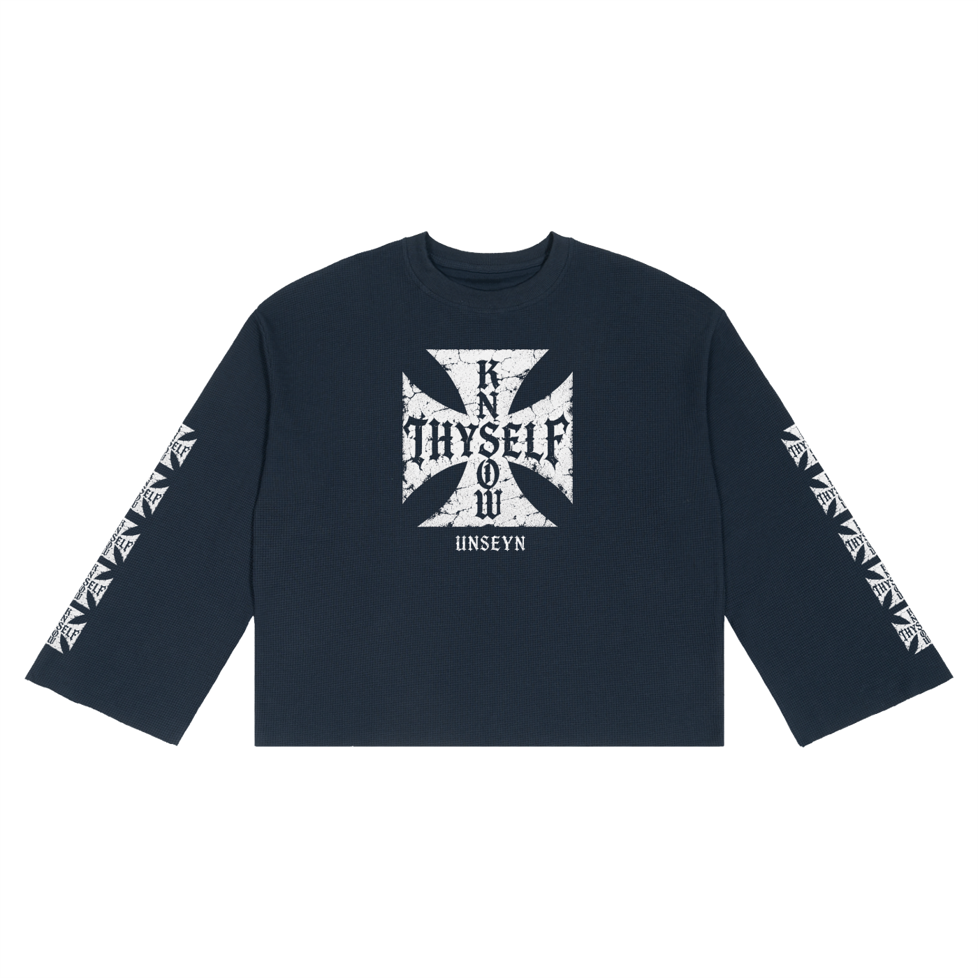 KNOW THYSELF Distressed Graphic Waffle Long Sleeve T-Shirt